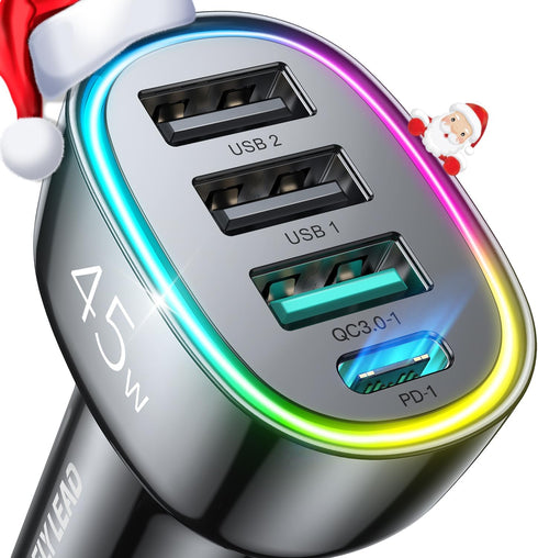 USB C Car Charger, 45W 4 Ports Super Fast Car Charger Adapter, PD3.0 & QC3.0 30W Type C Car Charger Compatible with iPhone 15/14/13/12/11, Samsung...