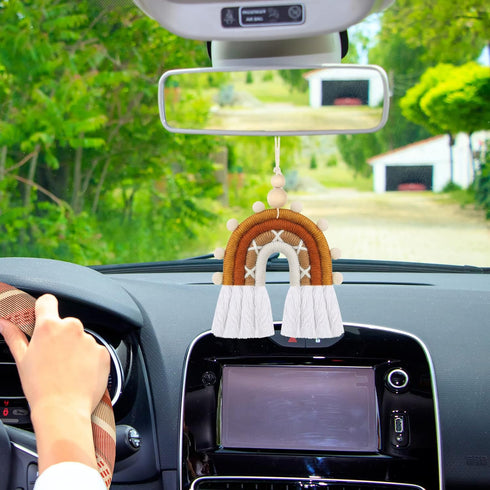 7 Pcs Boho Car Accessories Sets Include Boho Steering Wheel Cover 15" Absorbent Car Cup Holder Mat Rainbow Retro License Plate Frames Seat Belt Co...