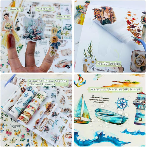 Dwpetzo 278Pcs Seasons Landscape Scrapbooking Journaling Sticker Book Precut, 3 Assorted Adhesive Washi, PET, and Paper Materials Stickers for Jun...