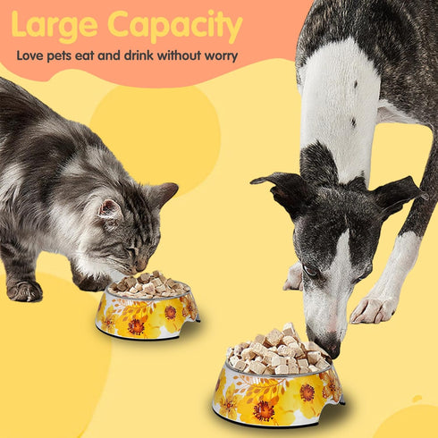 Pet Cats Dogs 2 in 1 Food Water Bowls - Non Slip Skid Proof Heavy Duty Pet Cats Dog Food Water Bowls for Feeding Drinking Medium Dogs (Yellow Flow...