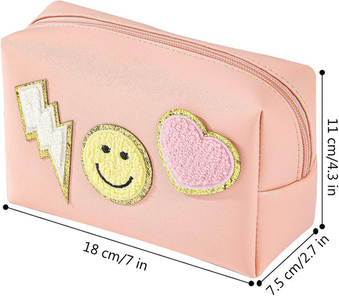 Preppy Patch Makeup Bag Leather Cosmetic Bag Small Makeup Pouch, Portable Waterproof Travel Toiletry Organizer,Cute Preppy Makeup Bag for Women Gi...