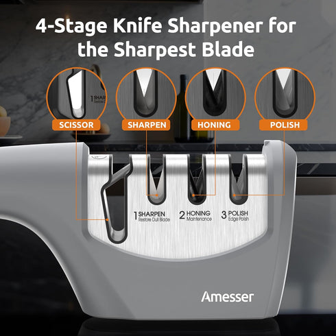 4-in-1 Knife Sharpener – Fast & Safe Sharpening for Kitchen, Pocket, Chef’s & Serrated Knives, Scissors | Effortlessly Restore, Hone & Polish Blad...