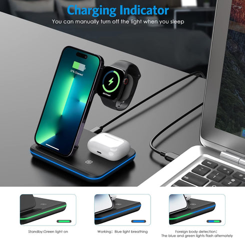 Wireless Charger, Criacr 3 in 1 Wireless Charging Station for Apple iPhone 15/14/13/12/11/Pro/Max/XS/XR/X/8/Plus, iWatch, AirPods 3/2/Pro,Travel C...