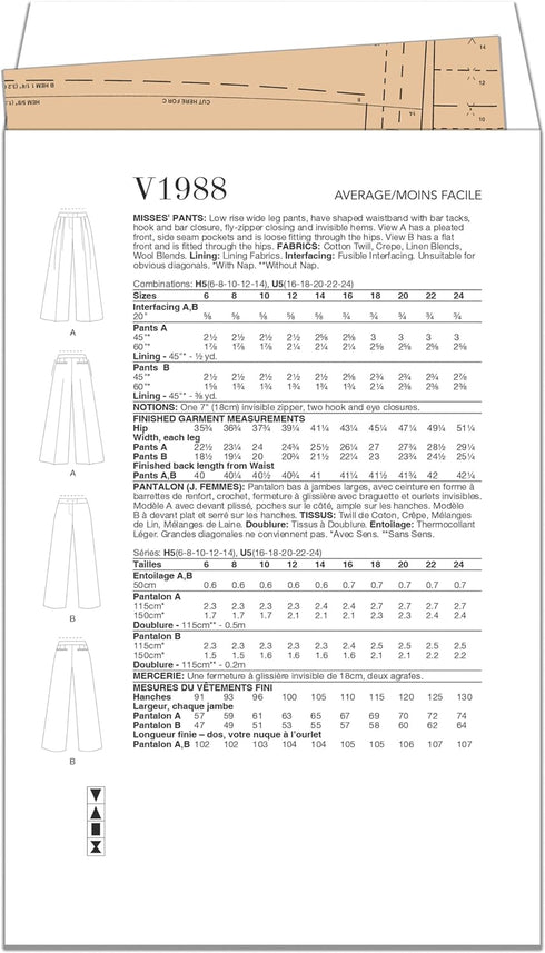 Vogue Misses' Low Rise Wide Leg Pants Sewing Pattern Packet, Sizes 16-18-20-22-24, Multicolor...