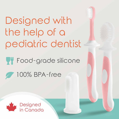 Cherish Baby Care Baby Toothbrush & Toddler Toothbrush Set (0-2 Years) - BPA-Free & Safety-Tested, 2023 Award Winner, Food-Grade Silicone (Pink)...