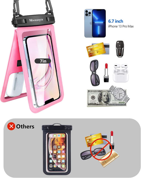 Niveaya Double Space Waterproof Phone Pouch - 2 Pack, Waterproof Phone Lanyard Case with iPhone 15/14/13/12 Pro Max up to 7", Phone Dry Bags for V...