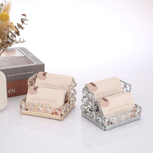 Hipiwe 2 Tiers Crystal Business Card Holder Stand Gold Mirrored Business Card Display Stand Organizer Desktop Business Card Storage Holder for Off...