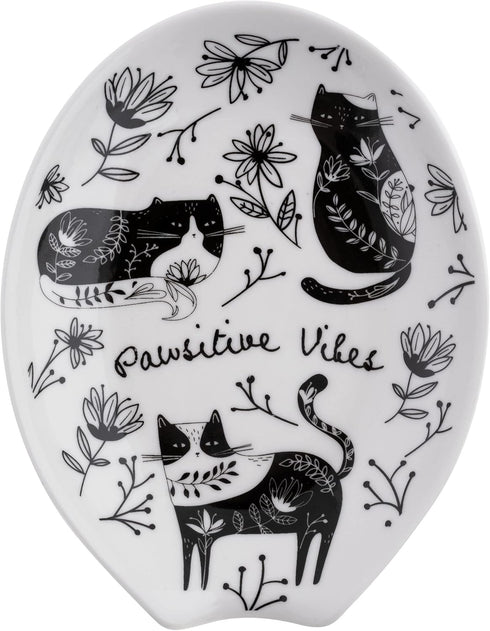 Karma, Boho Spoon Rest, Black and White Ceramic Spoon Rest, Ceramic Spoon Rest for Countertop, Cat...