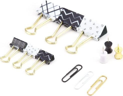 U Brands Office Accessory Kit, Office Supplies, Black and White with Gold, Push Pins, Paper and Binder Clips, 173 Count...