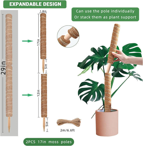 Moss Pole -2 Pack 17 Inch Monstera Plant Support for Climbing Plants Accessories Indoor -Stackable Moss Poles Plant Support Stakes -Coir Plant Pol...