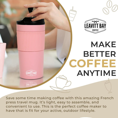 Portable French Press Travel Mug (15oz) - Stainless Steel & Double Wall Vacuum Pink Coffee Maker – Single Serve French Press for Travel, Home, Off...
