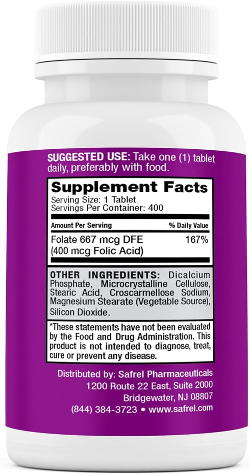Safrel Folic Acid 400 mcg - Vitamin B9-400 Tablets, Essential Prenatal and Postnatal Vitamin for Fetal Development, Red Blood Cell Production, Cel...