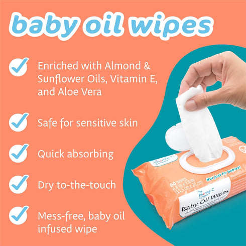 *NEW* The Pharma-C Company Baby Oil Wipes. (60 Wipes) Enriched with Almond and Sunflower Oils, Aloe and Vitamin E....
