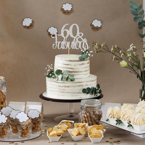 Silver Glitter 60 & Fabulous Cake Topper - 60th Birthday / 60th Anniversary Cake Decoration, 60th Anniversary Party / 60th Birthday Party Decorati...