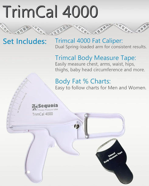 Sequoia Fitness Trimcal 4000 Body Fat Caliper with Body Measure Tape & Fat% Chart (White & Black)...