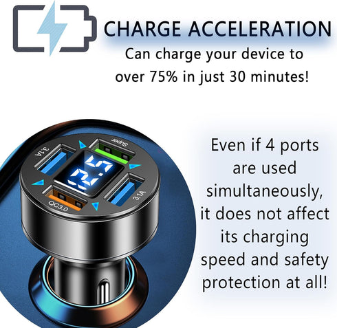 66W Fast Car Charger,4 Ports Cigarette Lighter USB Charger with LED Voltmeter,QC3.0/Super Port Car Charger Adapter Fast Charging,Compatible with A...