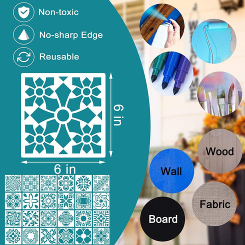 25 Pack Tile Stencils, Reusable Flower Pattern Painting Stencils for Painting on Wall Wood Floor Furniture...