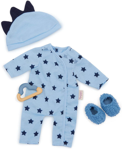 LullaBaby – 14" Baby Doll Clothing Set – Pajama Onesie Outfit – Hat With Soft 3D Spikes, Teether, Fuzzy Slippers – Imaginative Play – Toys For Kid...
