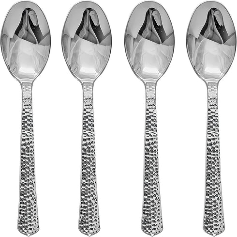 Kaya Shiny Metallic Silver Hammered Disposable Plastic Spoons (Pack of 20) - Durable & Stylish Design - Perfect for Parties & Entertaining...