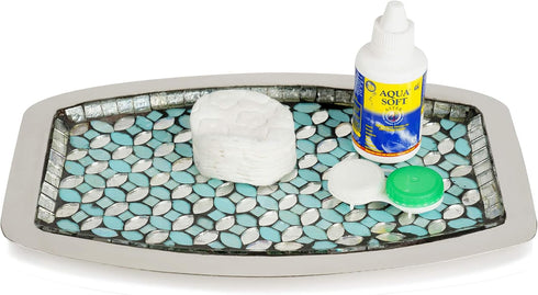 nu steel Sea Foam Amenity Tray in Aqua Blue/Silver Glass Mosaic/ Stainless Steel for Bathrooms & Vanity Spaces...