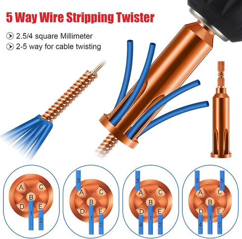 Feekoon Wire Twisting Tool, 3 Way/ 5 Way Wire Stripping Tool and Wire Cap Twisting Tool with 1/4" Chuck (Red), Wire Stripper and Twister, Wire Twi...