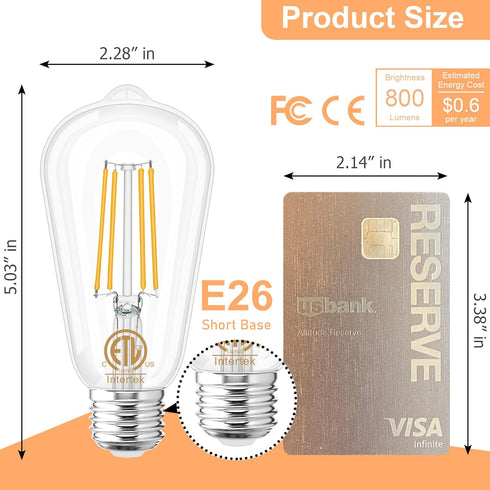 GOLSPARK Edison Bulbs 60 Watt Equivalent, E26 LED Bulb Soft White 3000K, 800LM, 6W 120V CRI85, E26 Base, ST58 Clear Vintage Light Bulbs for Living...