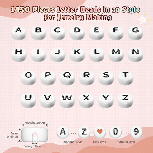 1450 Pieces Letter Beads Kit, 4x7 mm White Acrylic Alphabet Beads Letter Beads for Jewelry Making Number Beads Heart Beads Friendship Bracelet Bea...