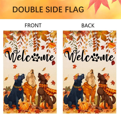 Welcome Fall Garden Flags for Outside 12x18 Double Sided Burlap, Seasonal Autumn Dogs Leaves Pumpkin September Thanksgiving Garden Flag Fall Outdo...
