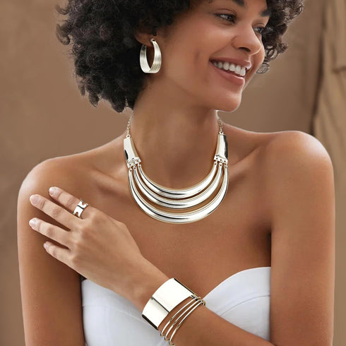 JOERICA Bib Choker Necklace Silver Gold Jewelry Set Wide Cuff Bangle Bracelet Open Hoop Earrings Adjustable Ring Chunky Silver Gold Statement Cost...