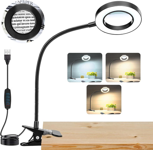10X Magnifying Glass with Light, Clip on Mganifier with Light, 48 LED Desk Magnifying Glass wtih Clamp, 3 Modes Dimmable Magnifying LED Lamps for ...