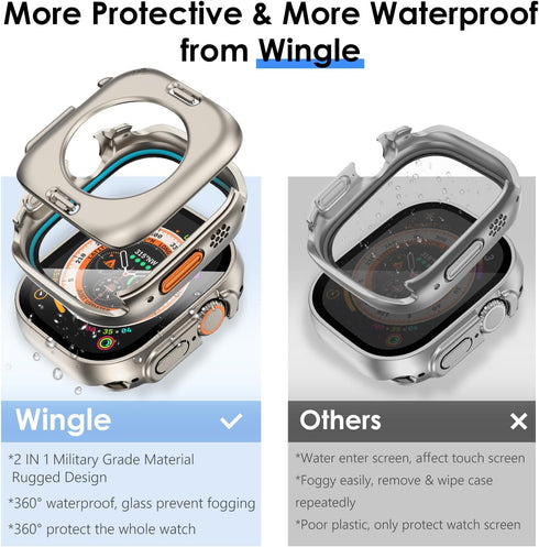 WINGLE 2 in 1 Waterproof Case for Apple Watch Ultra 2 Screen Protector 49mm Case Cover, 2 Pack 360 Protective Glass Face Cover Hard PC Bumper + Ba...