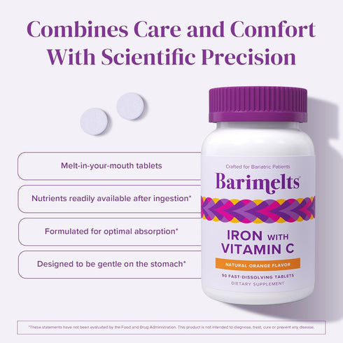 Barimelts Iron with Vitamin C, 90 Fast-Dissolving Tablets (1-Month Supply), Sugar-Free Bariatric Iron Supplement for Women, Natural Orange Flavor...
