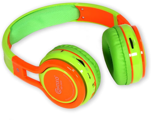 Contixo KB-2600 Kid Safe 85DB, Wireless Bluetooth LED Headphone with Volume Limiter, Microphone, and FM Radio (Green/Orange)...
