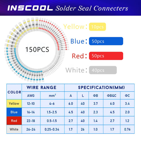 150pcs Seal Wire Connectors, Heat Shrink Self Solder Connectors, Waterproof Butt Splice Wire Terminals Best for Repair and Electrical Maintenance,...
