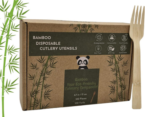 Bamboo Disposable & Compostable Forks | Biodegradable | 6.7" Eco-Friendly Utensils | 100 Pack (Forks)...