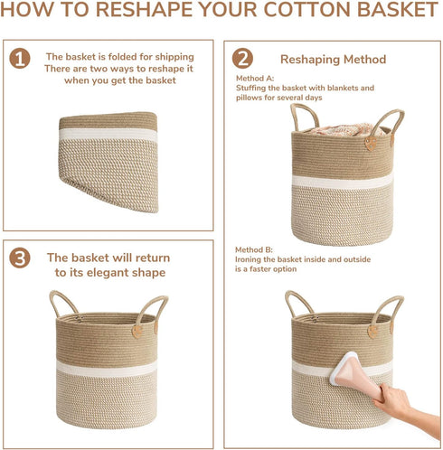CHICVITA Extra Large Woven Storage Basket with Handles – Laundry Basket Toy Towels Jute Blanket Basket Home Decor Gift, 16" x 16", White...