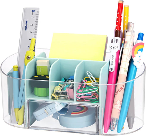 LETURE Clear Desk Organizer with drawer, Acrylic Pen Pencil Markers Holder, Clear Office Supplies and Accessories,Desktop Organizer for Room Colle...