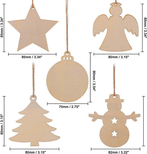 50 Pcs Unfinished Paintable Blank Wooden Christmas Festival Decoration Ornaments, Xmas Tree Hanging Wood Slices for Kids DIY Art Crafts, 5 Designs...
