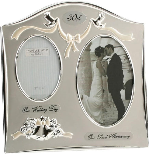 Traditional Two Tone Silver Plated 30th Pearl Anniversary Double Picture Photo Frame...