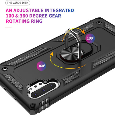 Androgate Samsung Galaxy Note 10+ Military-Grade Case with HD Screen Protectors & Metal Ring Holder Stand - Black...