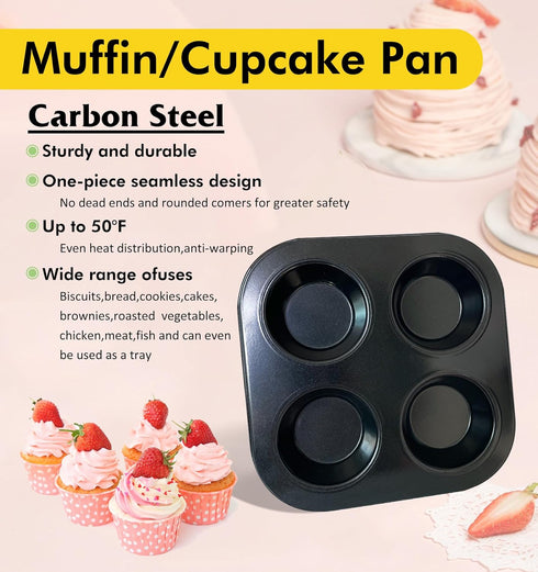 Muffin Tray Cupcake Baking Pan, 4-Cup Nonstick Carbon Steel Muffin Tins Non-Stick Cupcake Tin Bakeware Accessories for Baking Cupcakes Muffin Brow...