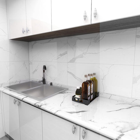 Marble Wallpaper White Granite Contact Paper Peel and Stick Self Adhesive Removable Wallpaper, White Grey Glossy Marble Wall Paper for Kitchen Cou...