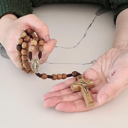 Alexander Castle Our Father Solid Wooden Rosary Beads (Handmade - Brazilian Walnut) with Madonna Medallion Junction - Comes in Velour Gift Pouch...