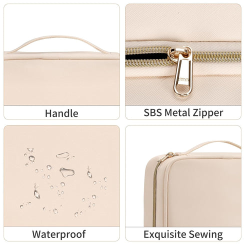 CUBETASTIC Travel Toiletry Bag, Portable Makeup Bag with Hanging Hook Waterproof Cosmetic Organizer Case 3 Compartment Leather Pouch for Toiletrie...