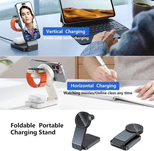 3 in 1 Charging Station for Apple Devices, Foldable Mag-Safe Charger Stand for Travel, Wireless Charger for iPhone 15/14/13/12 Pro Max Plus, AirPo...