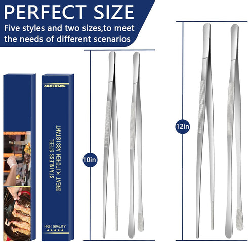 4 Pcs Cooking Tweezers Tongs, 12''&10'' Stainless Steel Food Tongs Set, Professional Kitchen Long Tongs for Cooking,Repairing,Sea food,BBQ,Multi-u...