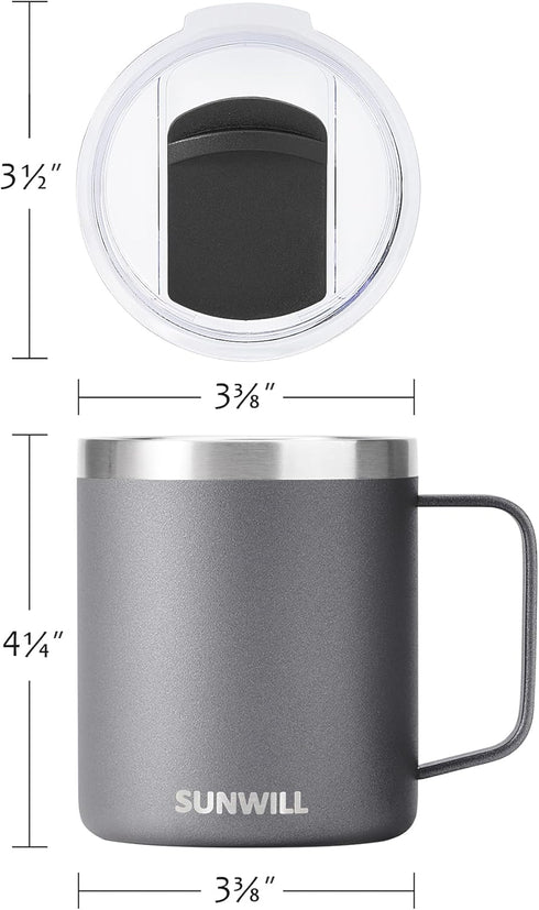 SUNWILL Travel Coffee Mug with Lid, Insulated Tumbler with Handle, 14 oz Stainless Steel Cup for Ice, Water, Tea, Powder Coated Cool Grey...