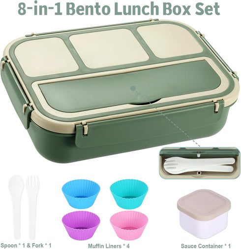 Bento Box Adult Lunch Box, Lunch Containers for Kids Girls Boys with 4 Compartments, Lunchable Food Container with Utensils, Sauce Jar, Muffin Lin...