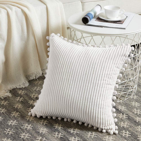Fancy Homi 2-Pack Cream Corduroy Pom Pom Throw Pillow Covers, 18x18 Inch...