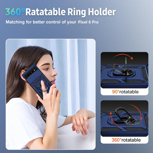 for Google Pixel 6 Pro Case with Slide Lens Cover, Military Grade Drop Protection, Magnetic Rotated Ring Holder Kickstand Protective Phone Case (N...